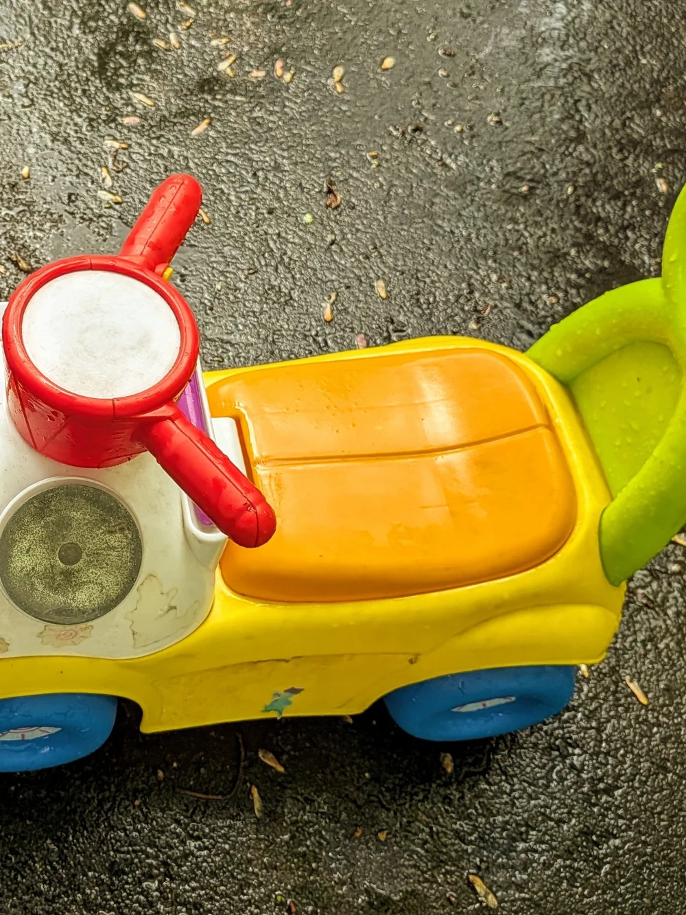 Kids Push Ride-On Toy Car in Yellow & Green with Red Steering